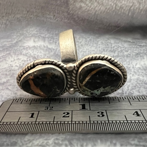 ❤️ Rare Black Jack Turquoise 2 Stone 926 Adj Size 8.25 Navajo Ring 9.5gm Unisex - Picture 8 of 11